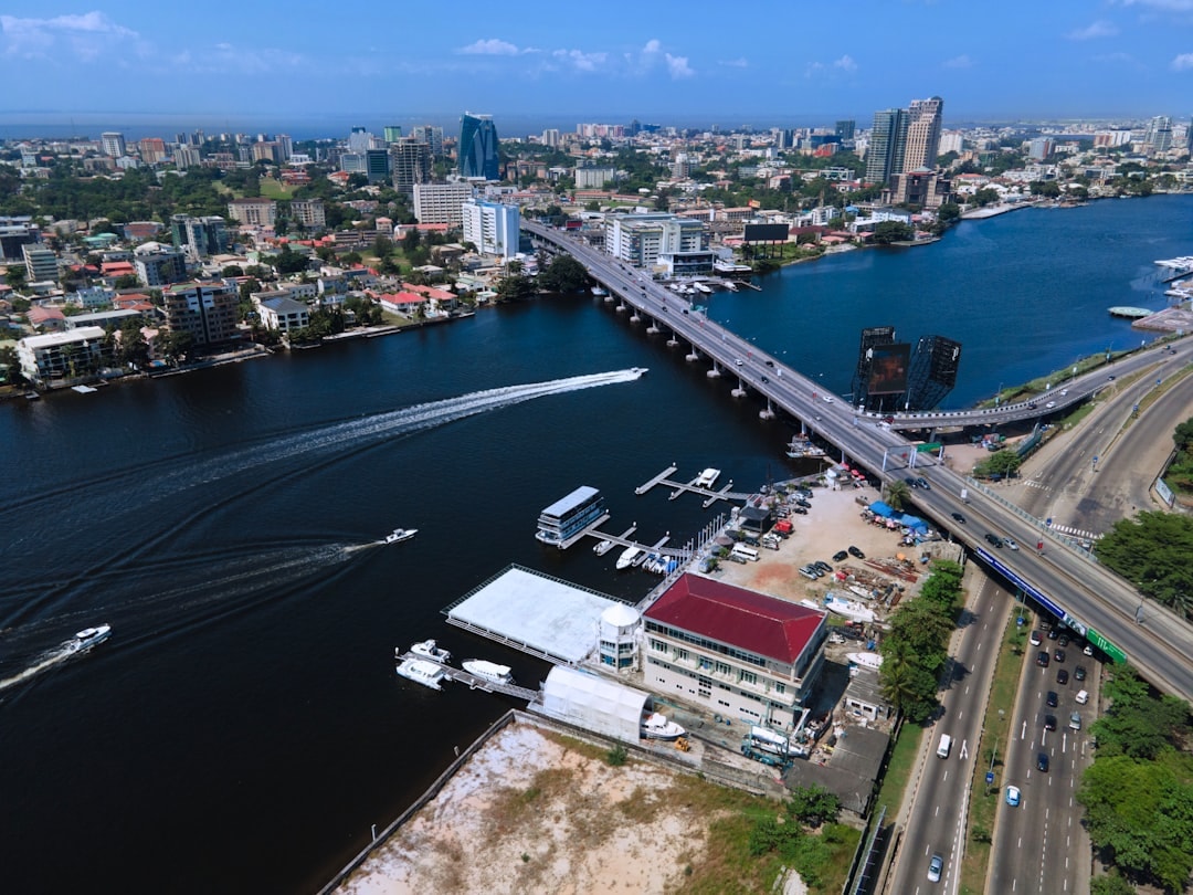 Aerial view of Victoria Island, Lagos, looking across the lagoon toward the Falomo bridge.